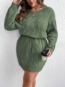 SHEIN LUNE Plus Cable Knit Drop Shoulder Drawstring Waist Sweater Dress - Green - View 6