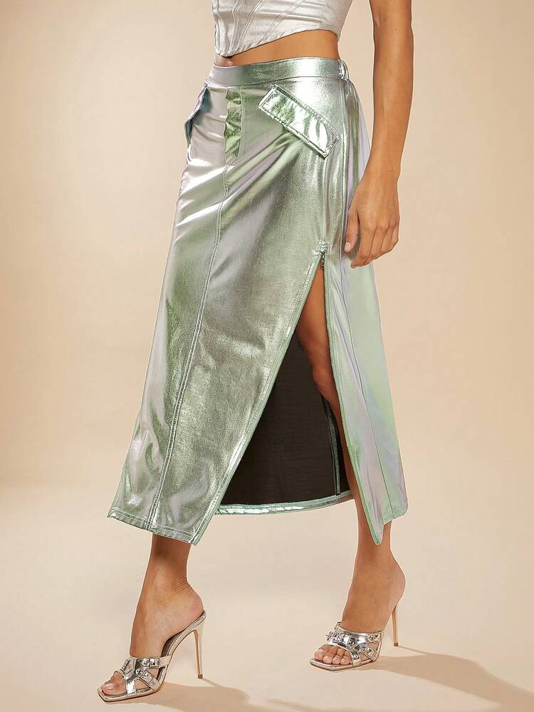 Zipper Split Thigh Metallic Fashion Skirt