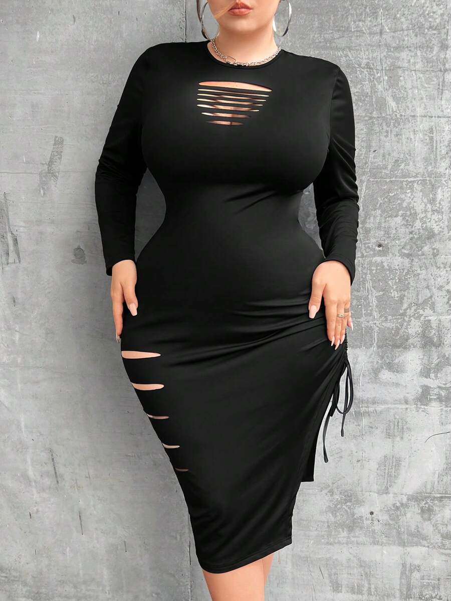 Allurite 大碼梯狀鏤空側抽繩緊身洋裝 - 黑色 - 查看 1