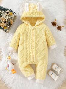 SHEIN Baby Girl Cute Hooded Rabbit Ear Jumpsuit With Plush Material For Autumn And Winter - Yellow - View 1