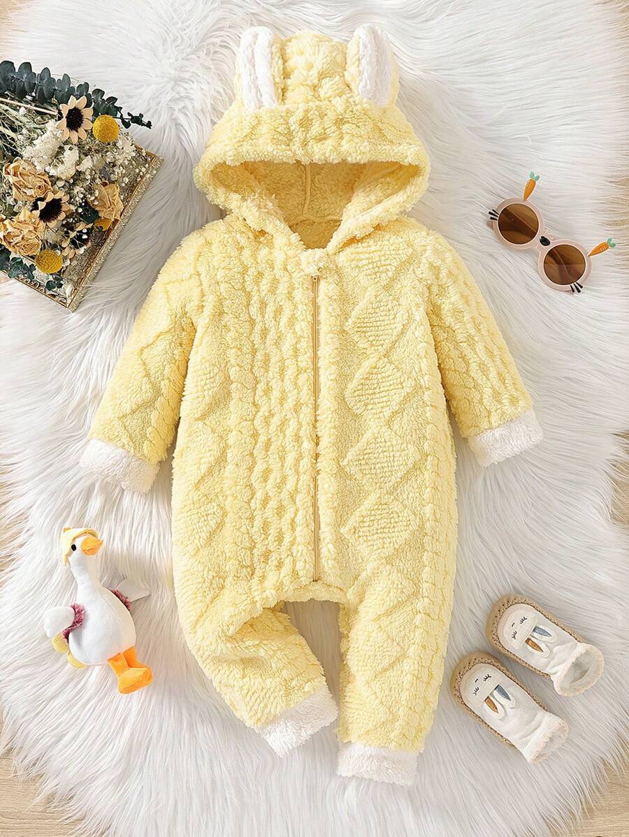 SHEIN Baby Girl Cute Hooded Rabbit Ear Jumpsuit With Plush Material For Autumn And Winter - Yellow - View 1