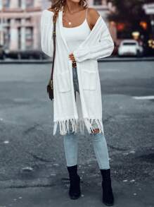 SHEIN LUNE 流苏饰边落肩开衫 - 白色 - 查看 3