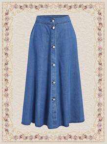 Vintamour Falda Vaquera Con Botones Delanteros Para Mujer - Azul lavado oscuro - Ver 1