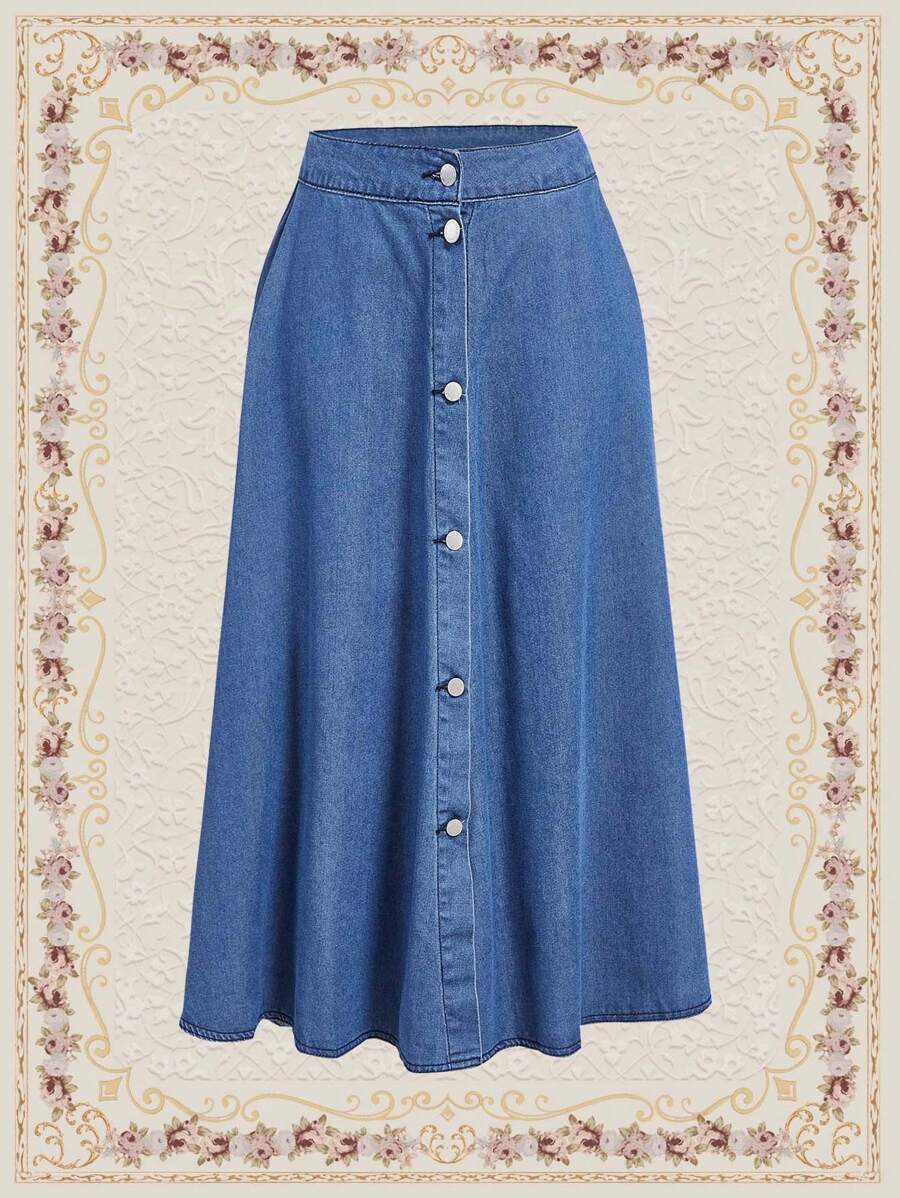 Vintamour Falda Vaquera Con Botones Delanteros Para Mujer - Azul lavado oscuro - Ver 1
