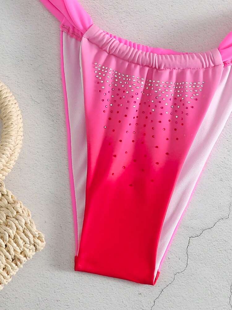 Summer Gradient Color Bikini Swimwear Set With Rhinestone And Bead Detail