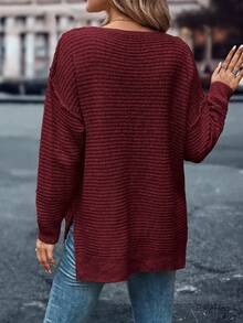 SHEIN Essnce Chất rắn Thả vai Cổ v Viền chia cắt Áo len - Màu Đỏ Sâu - Xem 2