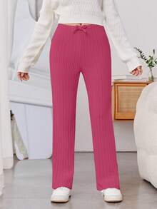 少女休閒優雅針織長褲 - 玫紅色 - 查看 5