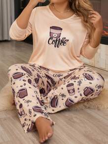 Plus Coffee & Letter Graphic PJ Set / Pajama Set