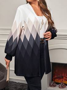 EMERY ROSE Plus Colorblock Argyle Print Open Front Coat Winter Fall Autumn