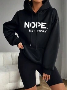 INAWLY Plus Size Women's NOPE NOT TODAY Letter Printed Drawstring Sweatshirt,Casual Everyday Black And White Pullover,Autumn Fall Winter Teacher Hoodie - Black - View 1