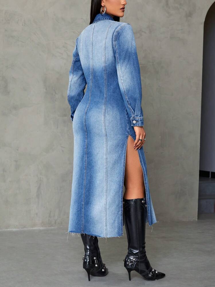 Split Thigh Raw Hem Denim Dress Fall Cloth For Women