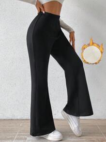 SHEIN LUNE High Waist Flare Leg Thermal Pants - Black - View 1