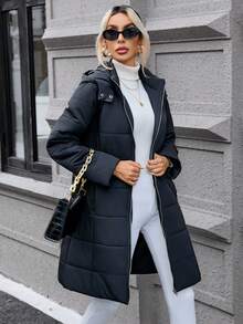 SHEIN Privé Áo khoác có mũ trùm đầu có đệm kéo khóa kèm thắt lưng - màu đen - Xem 4