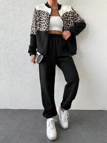 RueChic 豹紋印花撞色拉鏈開襟夾克和運動褲 - 彩色 - 查看 4