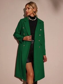 SHEIN Clasi 冬季双排扣纯色大衣 - 綠色 - 查看 6