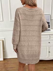SHEIN Frenchy Drop Shoulder Pointelle Knit Sweater Dress - Khaki - View 2