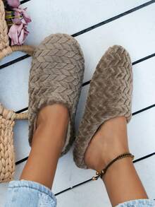 21CM提花長毛絨咖啡色女性家庭鞋 - 咖啡棕 - 查看 4