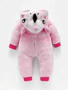 Baby Girl Cartoon 3D Ear Design Hooded Flannel Costume Jumpsuit - Pink - View 2