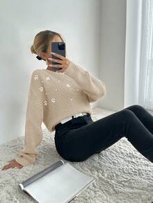 Women's Faux Pearl Flower Decor Drop Shoulder Sweater - Beige - View 4