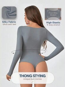 Solid Scoop Neck Seamless Double Knit Long Sleeve Tee Bodysuit With Thong Back - Grey - View 2