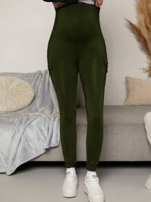 SHEIN Thai sản Chất rắn Thắt lưng rộng Túi nắp bên cạnh Xà cạp - xanh quân đội - Xem 5