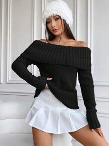 SHEIN Unity Women's Off Shoulder Sweater,Long Sleeve Tops Knit Pullover Fall Winter Sweater - Black - View 8