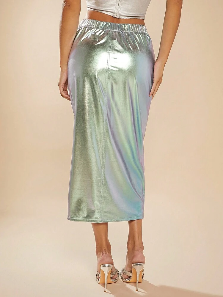 Zipper Split Thigh Metallic Fashion Skirt