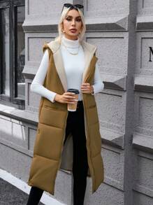 SHEIN Privé Dây kéo áo có mũ Áo gi lê Lông vũ - Màu nâu  Mocha - Xem 5