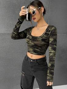 SHEIN EZwear 迷彩針織女士t恤 - 軍綠色 - 查看 4