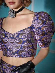 Alice McCall Designer Boho Bohemian Allover Print Puff Sleeve Crop Top, For Summer, Holiday, Vacation, Going Out, Festival, Ibiza Fits - Multicolor - View 4