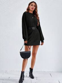 SHEIN LUNE 落肩袖條紋針織T恤洋裝不附腰帶 - 黑色 - 查看 4