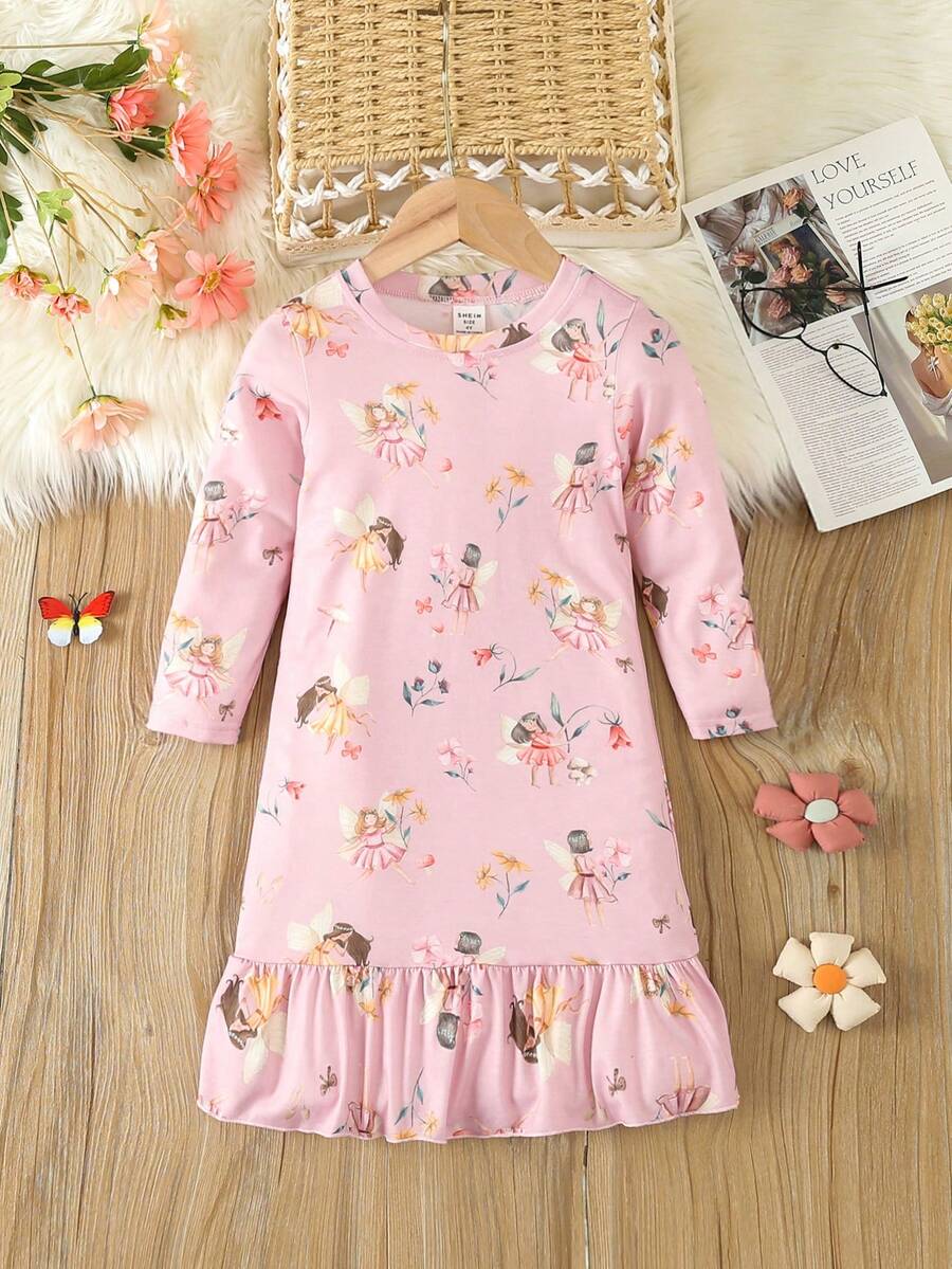 少女卡通圖形荷葉邊睡裙