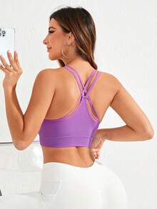 Yoga Trendy Ruched Front Crisscross Back Sports Bra - Purple - View 6