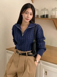 DAZY Women's Cable Knit Half-Zip Sweater - Navy Blue - View 5