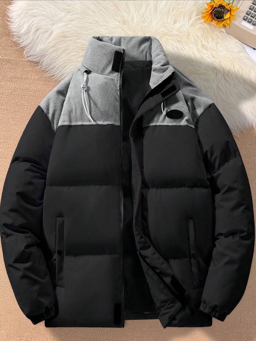 Manfinity 1 件宽松男式双色夹棉外套，带字母补丁 - 黑色 - 查看 1