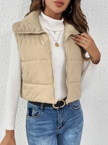 SHEIN Frenchy Dây kéo Mùa vụ Áo gi lê Lông vũ - Màu be - Xem 3