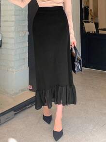 Dazy Star Solid Ruffle Hem Sweater Skirt,Fall Clothes - Black - View 4