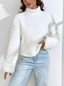 SHEIN EZwear 寬鬆多色絨毛衛衣 - 白色 - 查看 6