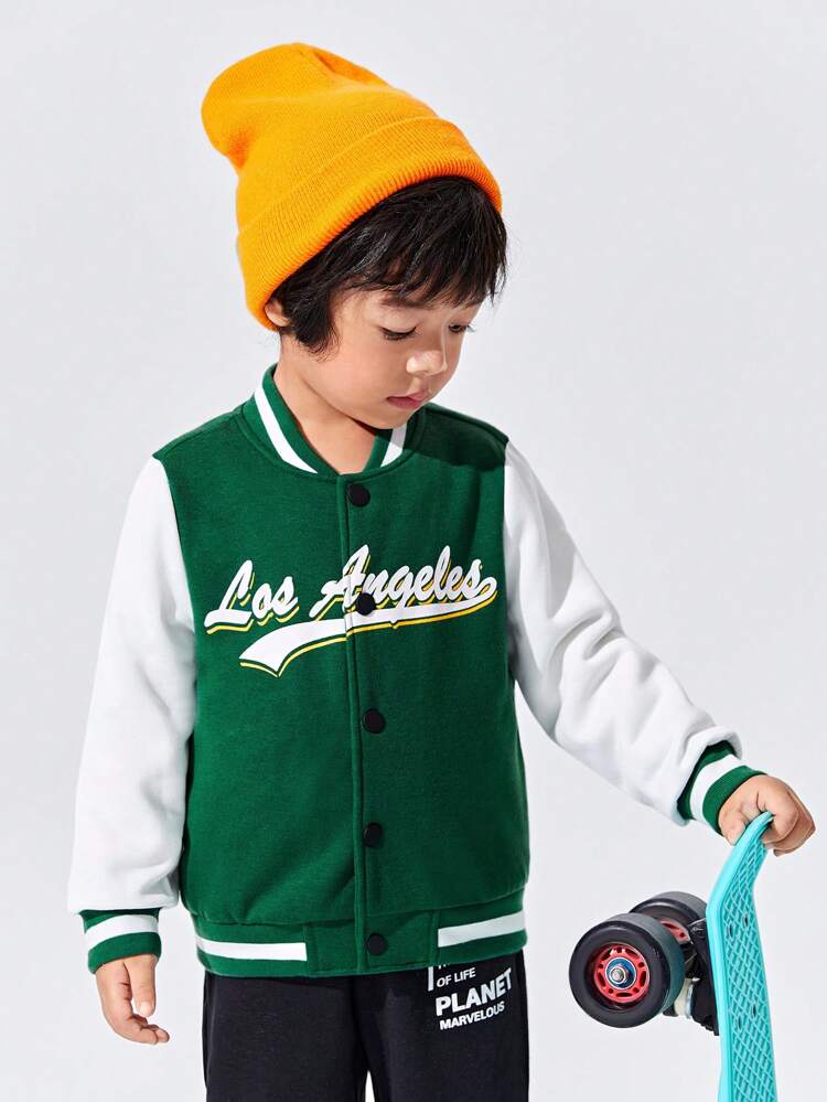 Young Boy Letter Graphic Two Tone Striped Trim Varsity Jacket