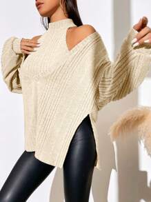 SHEIN LUNE Thả vai Viền chia cắt Áo thun Và Áo hai dây - Màu be - Xem 3