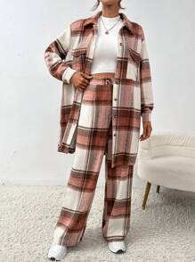 SHEIN Essnce Plaid Print Drop Shoulder Shirt & Pants - Multicolor - View 1