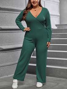 SHEIN LUNE Talla grande Mono unicolor tejido de canalé - Verde Oscuro - Ver 4
