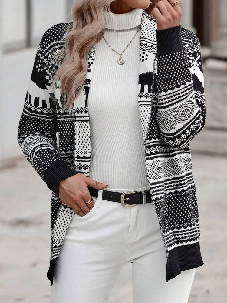 Geo & Elk Pattern Drop Shoulder Cardigan