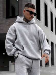 2pcs Men Kangaroo Pocket Drop Shoulder Hoodie - Grey - View 4