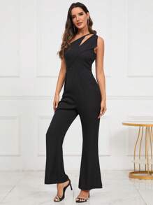 Chiquease One Shoulder Cut Out Flare Leg Jumpsuit - Black - View 6