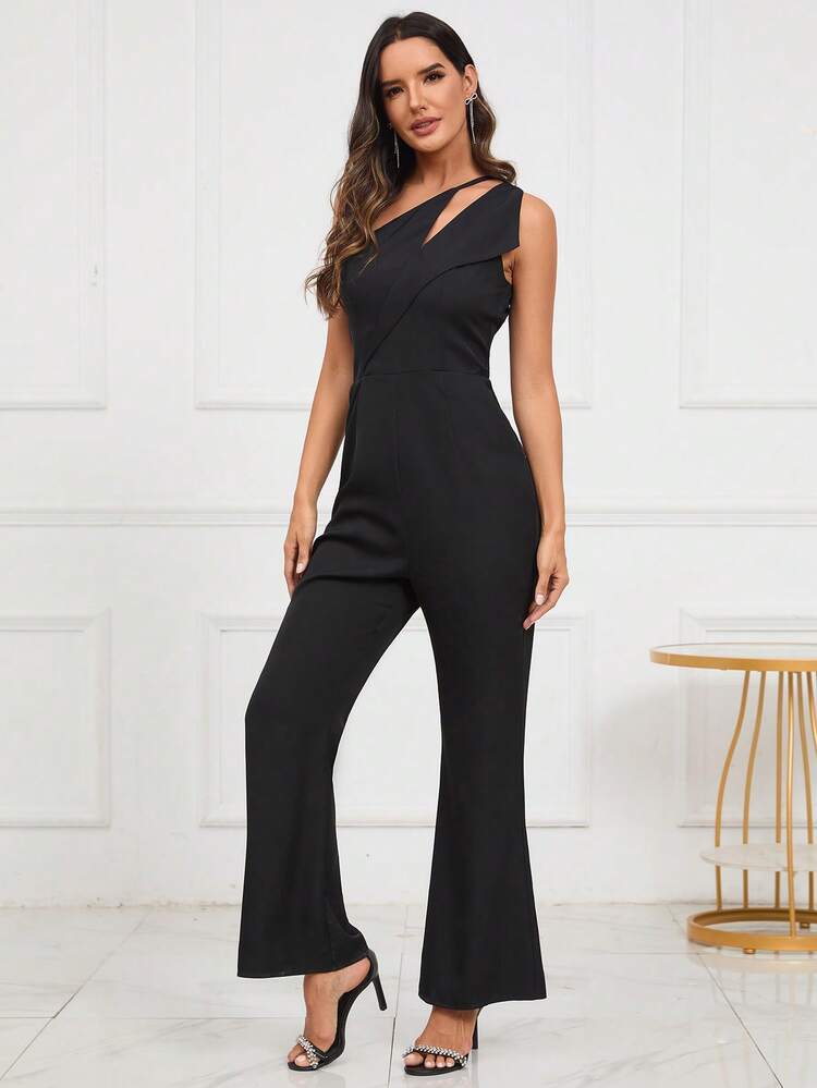 One Shoulder Cut Out Flare Leg Jumpsuit