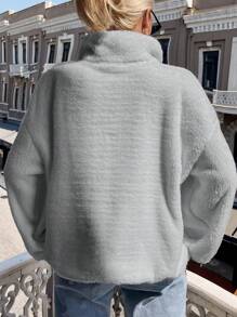 RueChic Của phụ nữ Thêu Chữ Dây kéo Một nửa thân trước lông tơ Thả vai Áo nỉ - Xám - Xem 2
