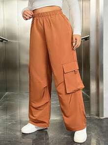 SHEIN EZwear Plus Size Elastic Waist Loose Fit Cargo Pants With Slanted Pockets - Brown - View 3