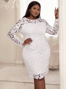 SHEIN Lady Talla grande Vestido ajustado con encaje - Blanco - Ver 3
