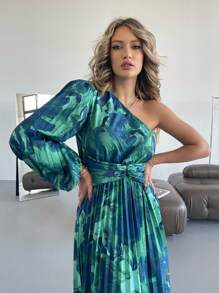 SHEIN Privé 热带印花单肩灯笼袖手帕下摆连衣裙 - 藍色 - 查看 5